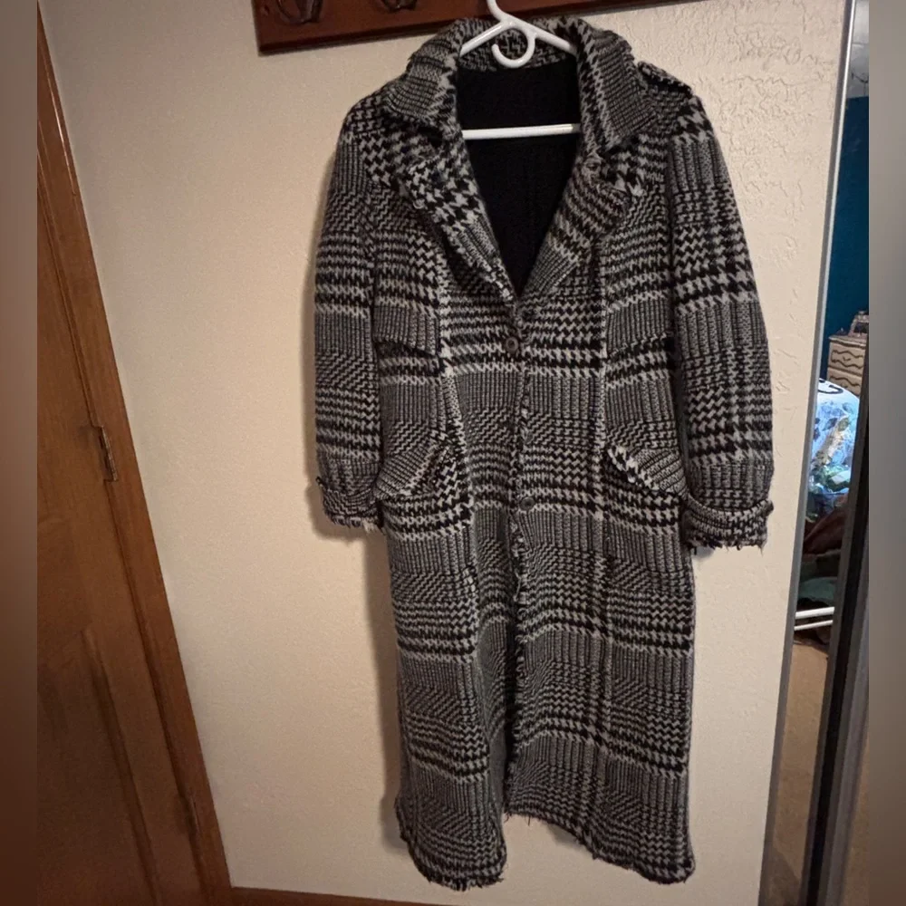 Free People Black and White Houndstooth Wool-Blend Raw Edge Long Coat